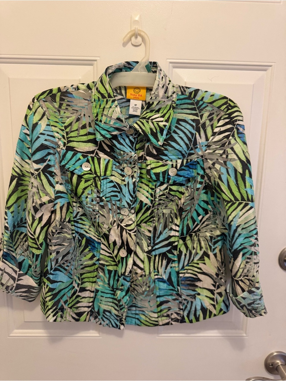 Ruby Rd. Girls' Button-Front Tropical Leaf Print Shirt - Green/Blue